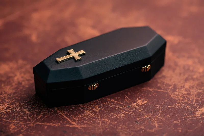 Small black coffin model with brass cross on textured rusted surface