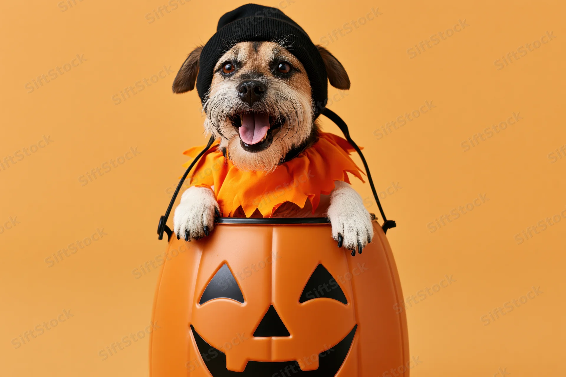 Small mixed-breed dog in halloween costume peeking from orange pumpkin bucket against orange background