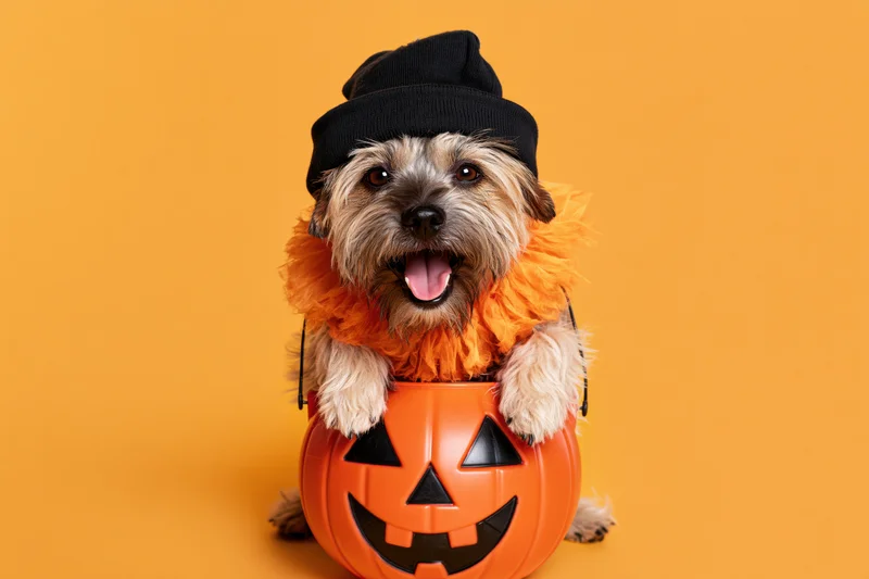 Small mixed-breed dog wearing black beanie and orange boa sitting in orange pumpkin bucket against orange background