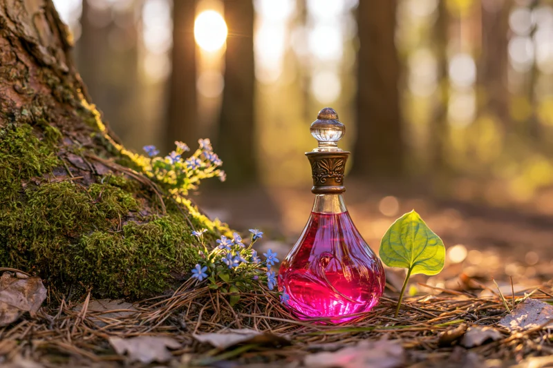 Ornate glass decanter with pink liquid resting on mossy forest floor beside small blue flowers and a green leaf, backlit by golden sunlight through trees