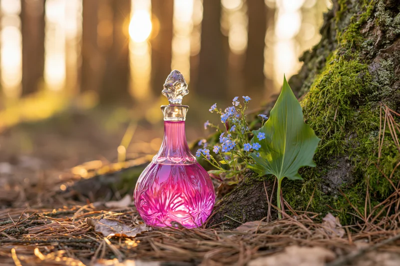 Ornate glass decanter with pink liquid resting on forest floor beside mossy tree and wildflowers at golden hour