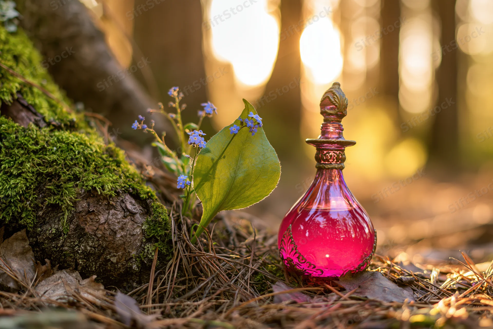 Ornate glass perfume bottle with pink liquid resting on mossy forest ground beside small blue flowers and green leaf