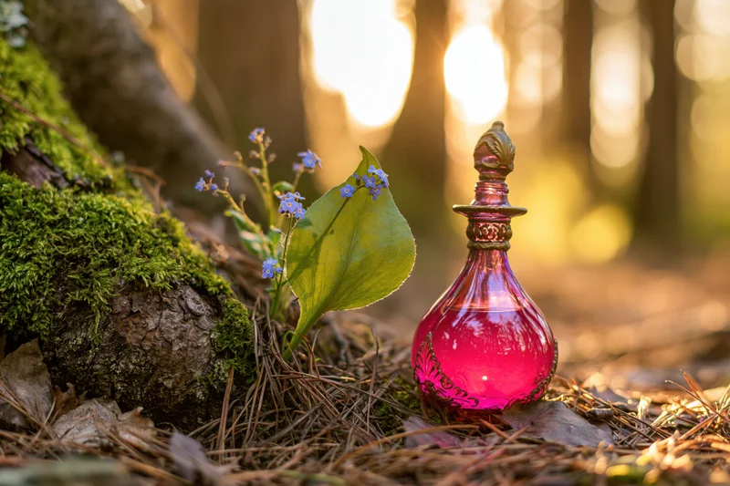 Ornate glass perfume bottle with pink liquid resting on mossy forest ground beside small blue flowers and green leaf