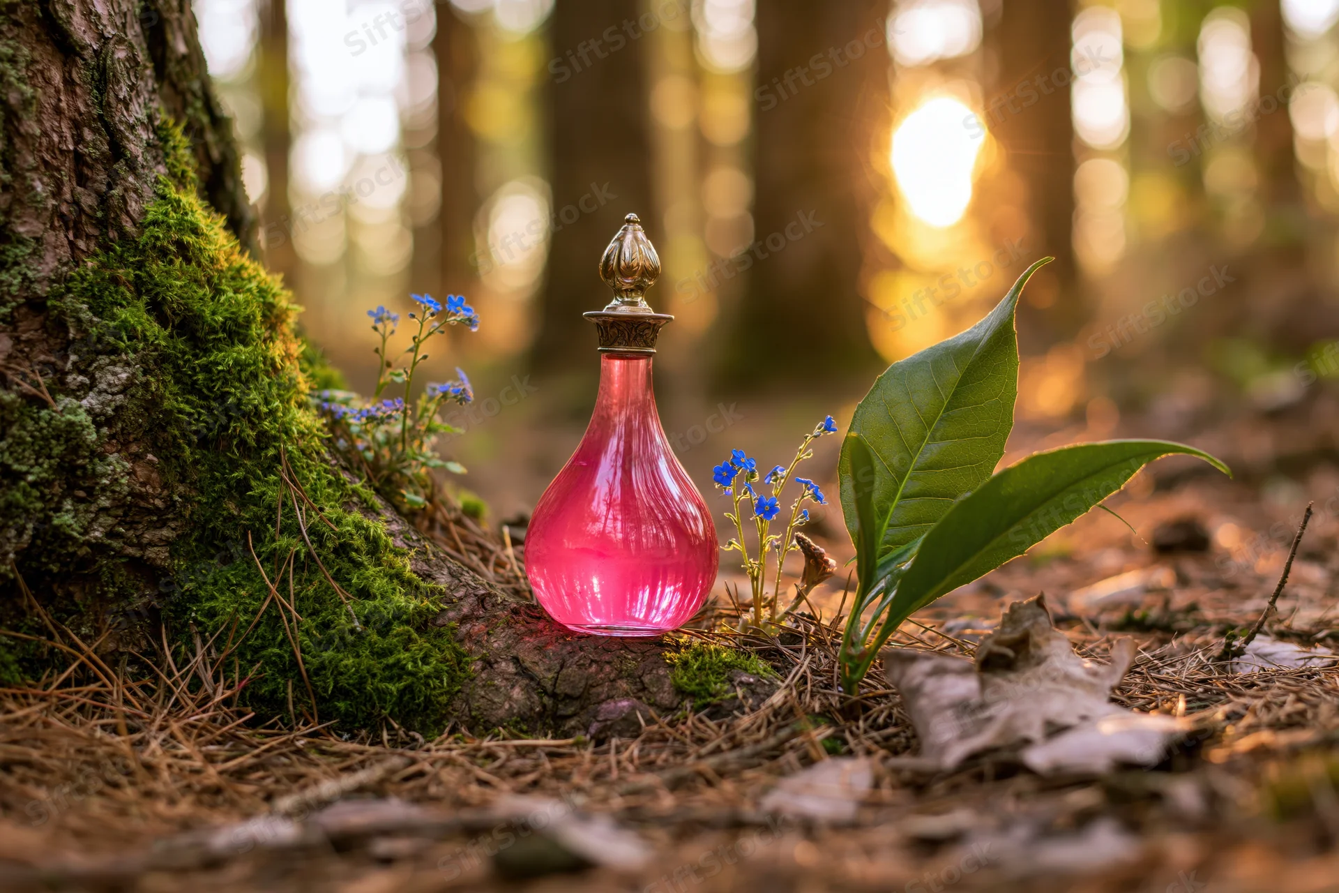 Ornate glass perfume bottle with pink liquid resting on mossy tree base in forest at golden hour