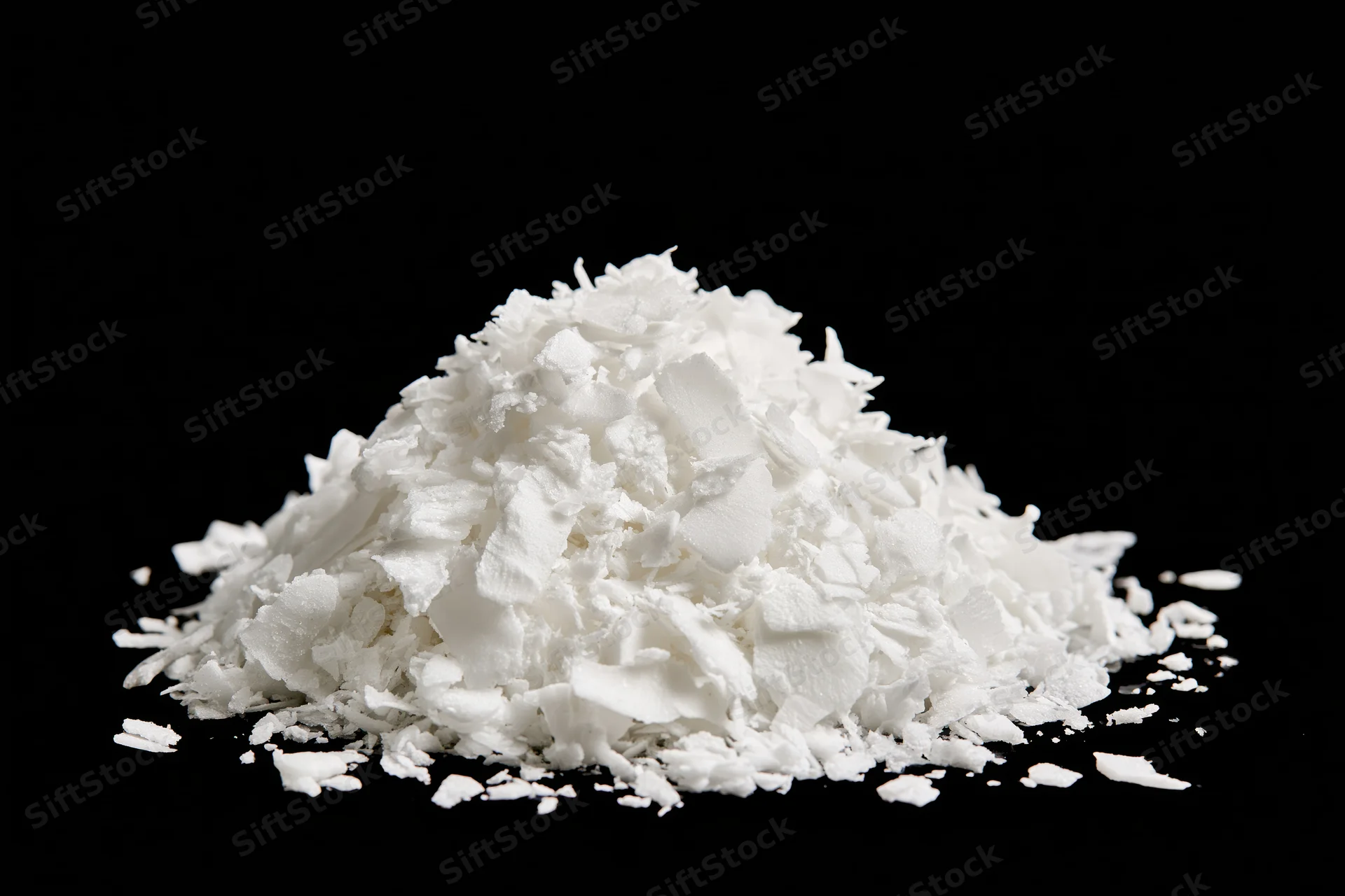 Pile of white coconut flakes on black background