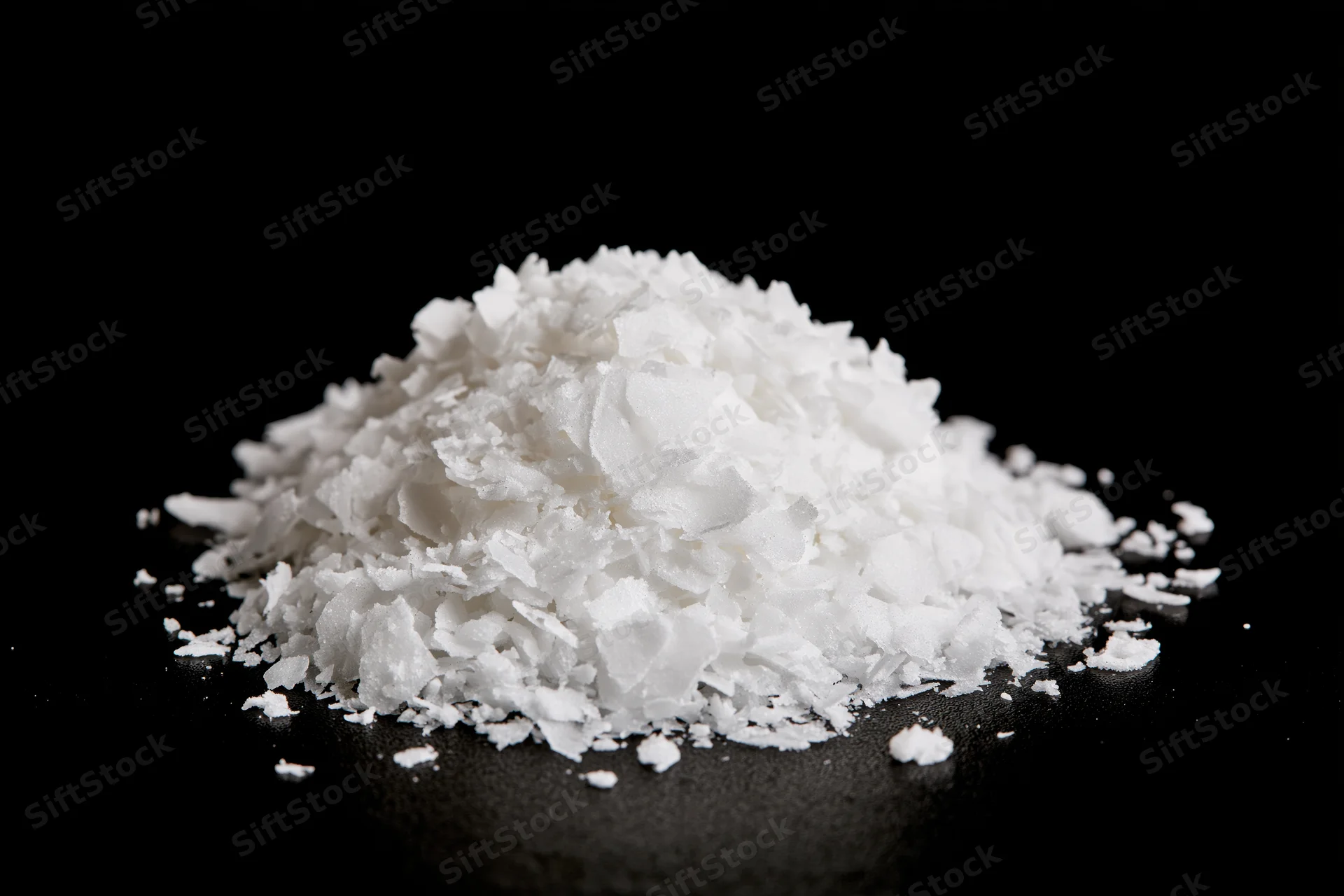 Pile of white flaked salt on black background