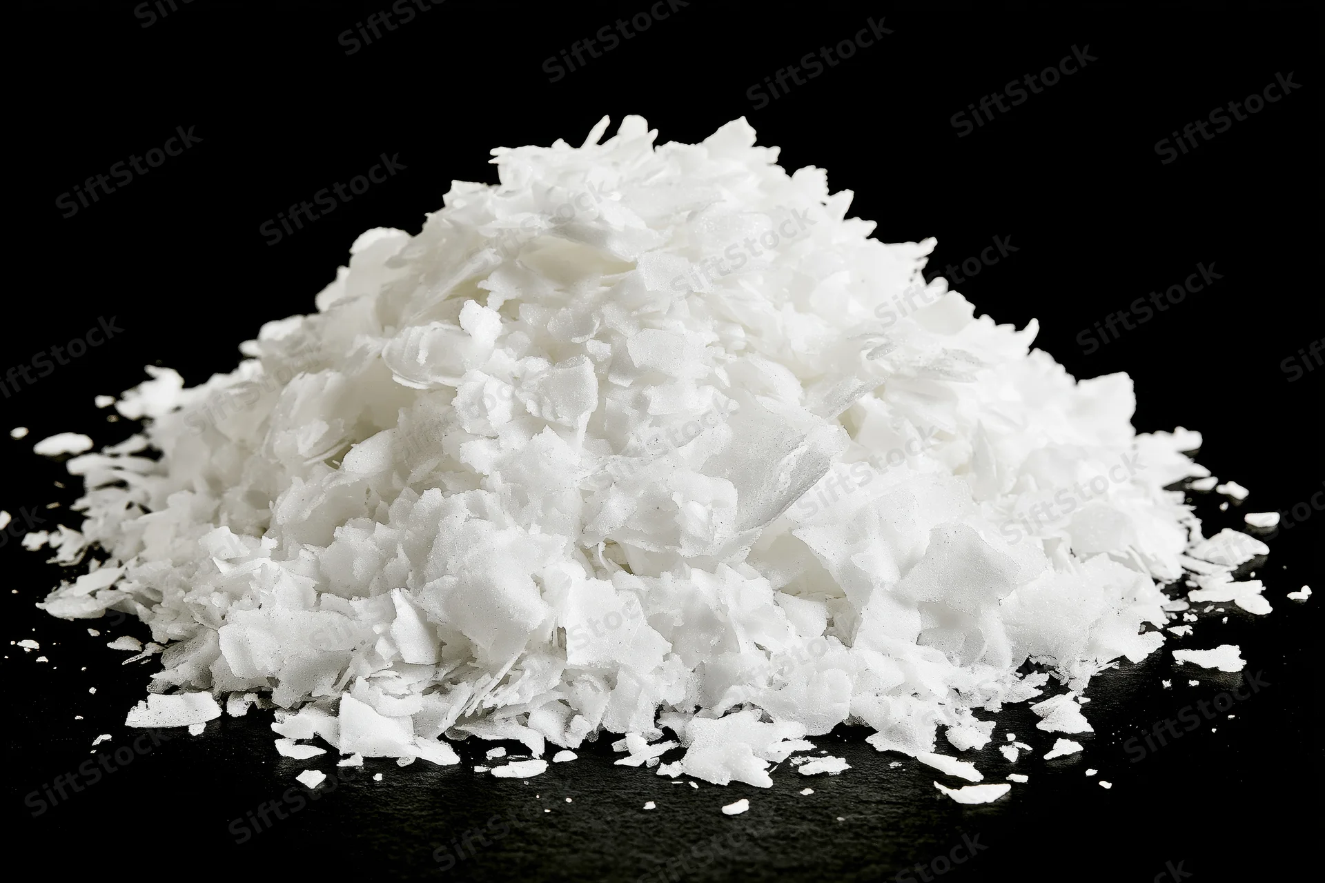 Pile of white coconut flakes on black background