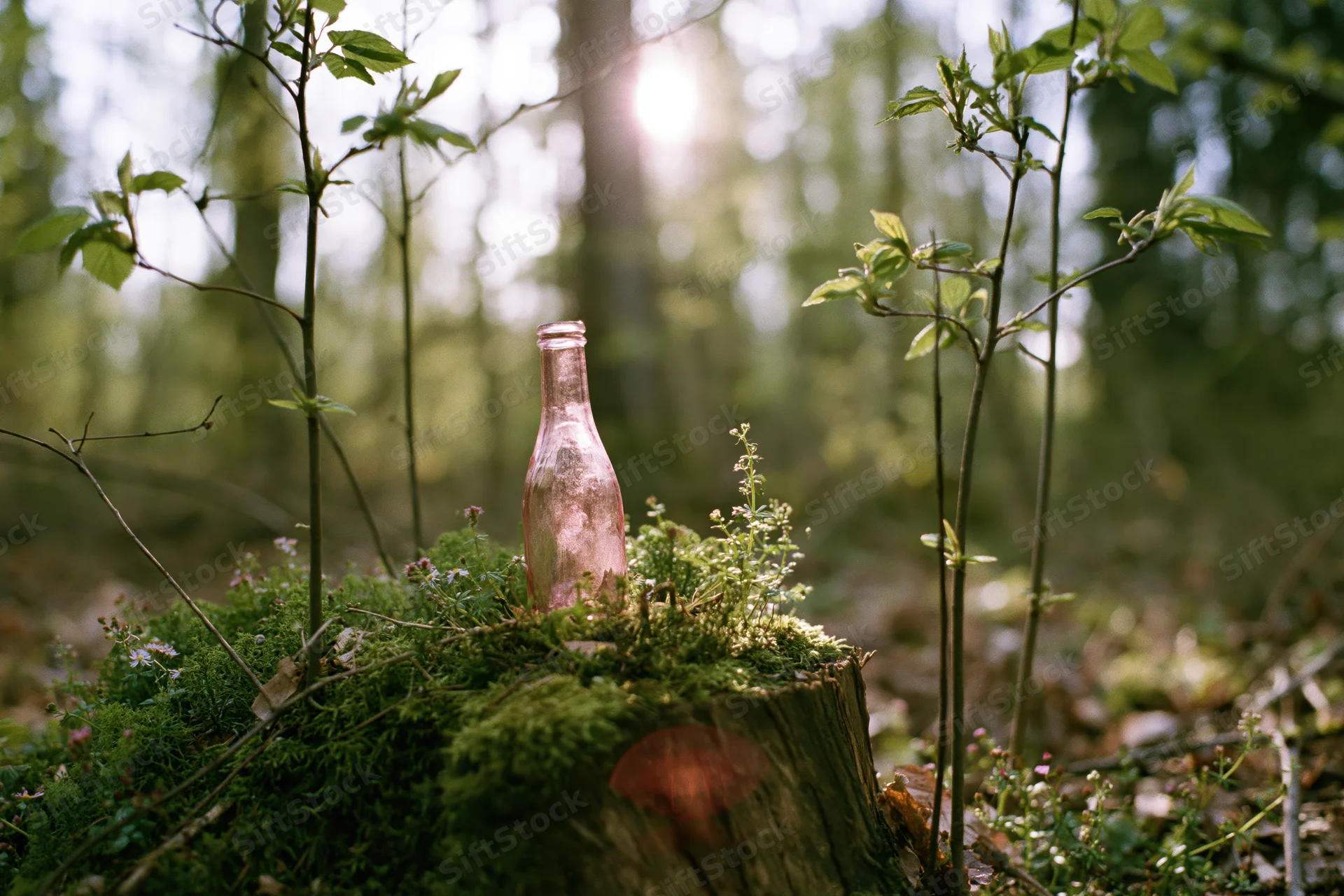 Pink glass bottle resting on mossy stump in forest surrounded by young plants and dappled sunlight