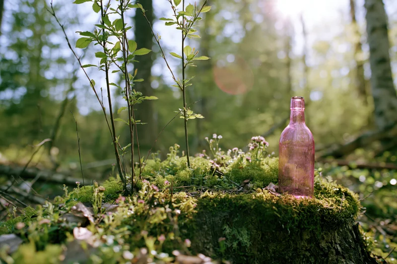 Pink glass bottle resting on mossy forest stump surrounded by green plants and wildflowers in sunlight