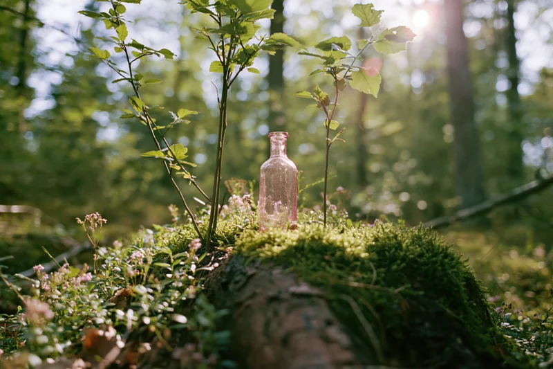 Pink glass bottle resting on mossy stump in sunlit forest surrounded by green foliage and small plants