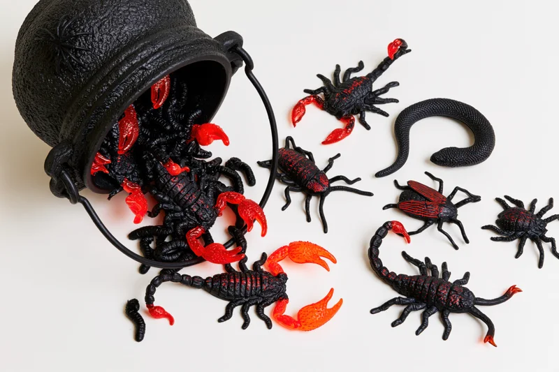 Black plastic bucket spilling red and black toy scorpions and spiders on white surface