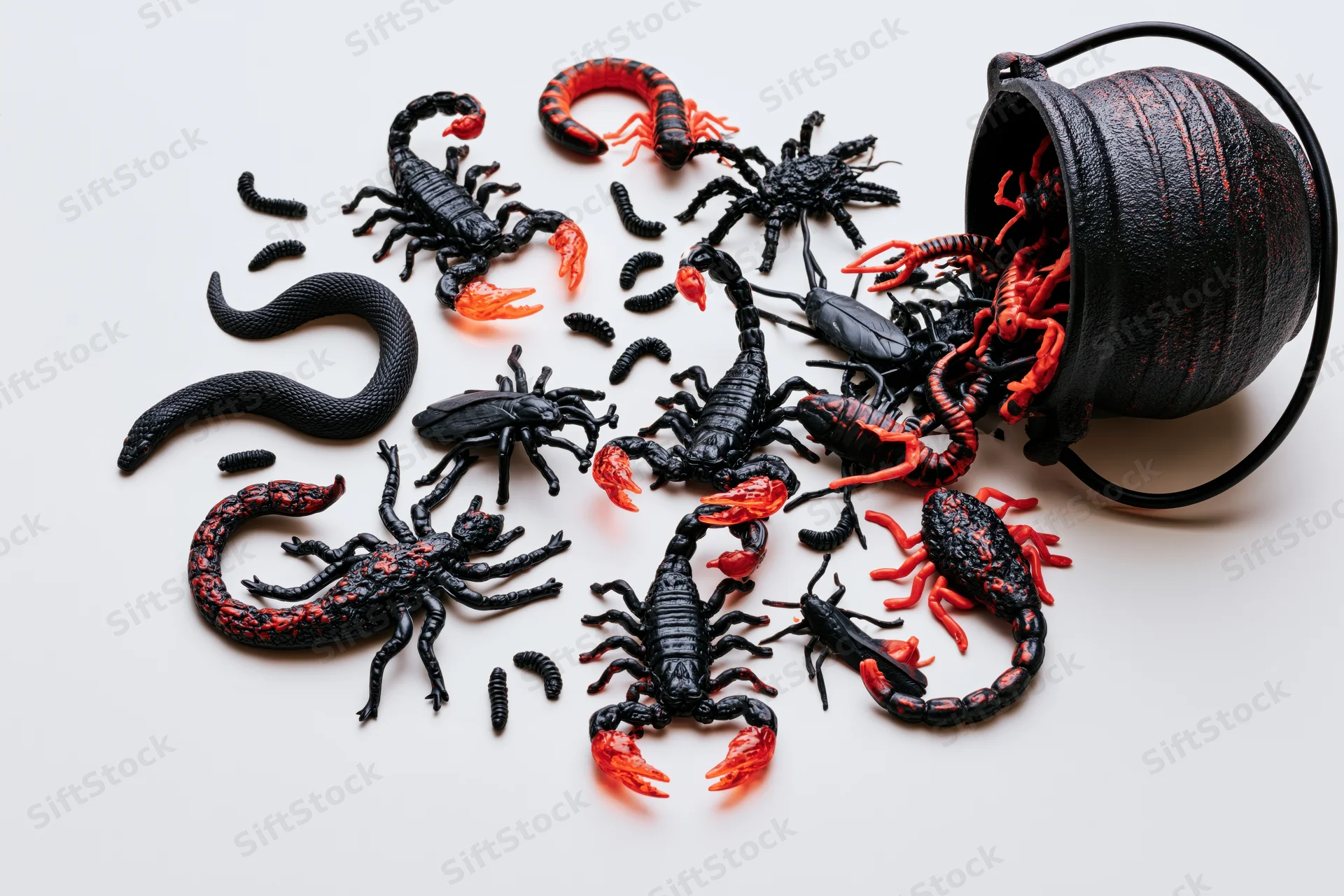 Plastic scorpions, spiders, and snakes spilling from a black bucket on white background