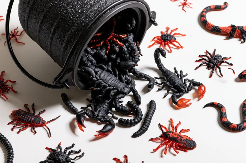 Black bucket tipped over spilling plastic scorpions spiders and snakes on white surface