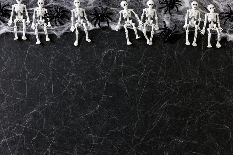 Small plastic skeleton figurines and black spiders arranged in a row on a dark cobweb-covered surface with copyspace below