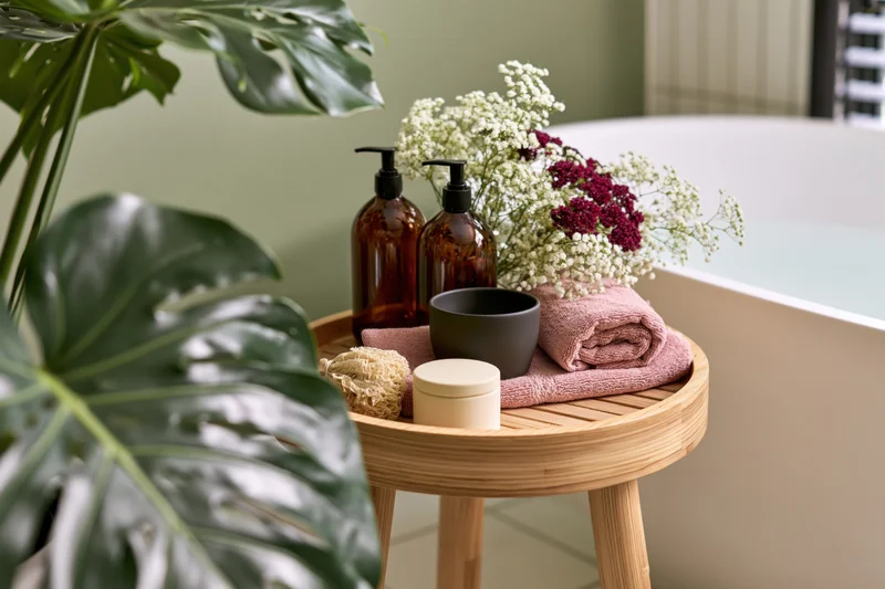 Wooden table with bath products and flowers beside a bathtub