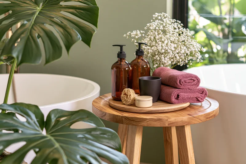 Wooden side table with amber glass pump bottles, towels, sponge and flowers beside a bathtub in a spa-style bathroom
