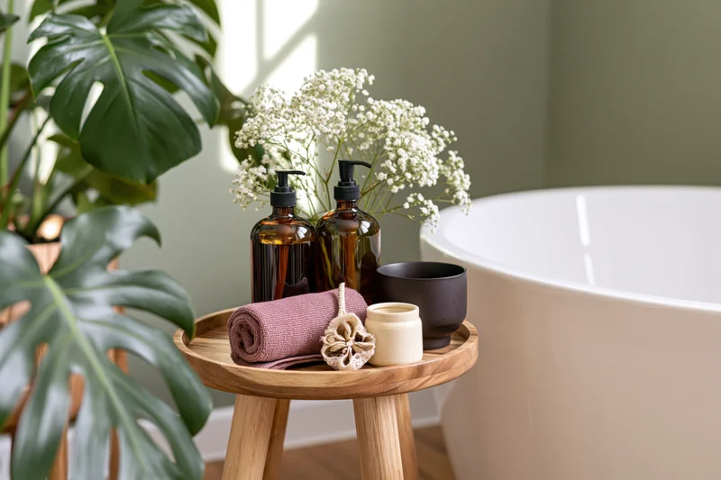 Wooden side table with amber glass pump bottles, flowers, and bath accessories beside a bathtub
