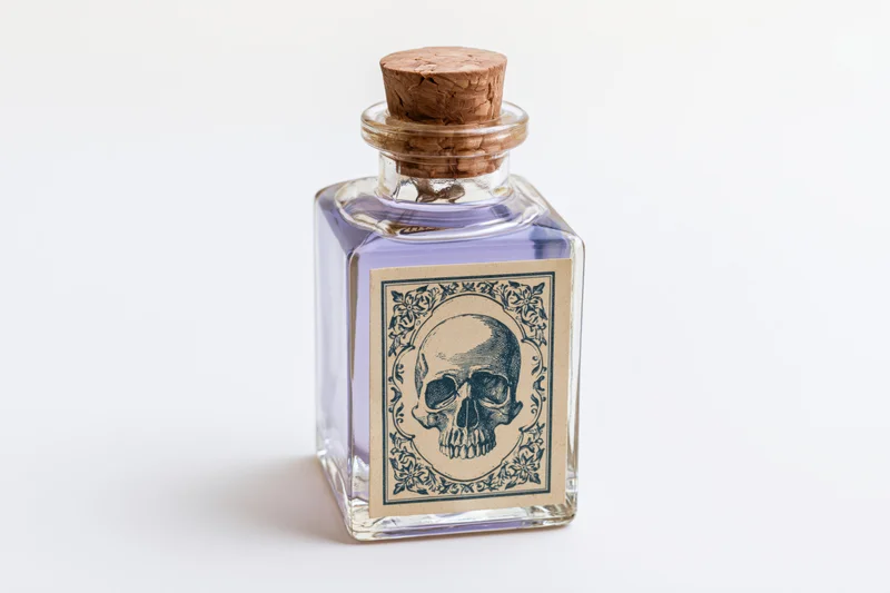Square glass apothecary bottle with skull label and lavender liquid on white background