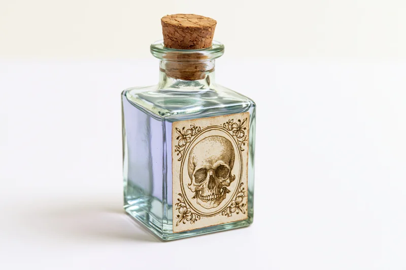 Square glass apothecary bottle with skull label and cork stopper on white background