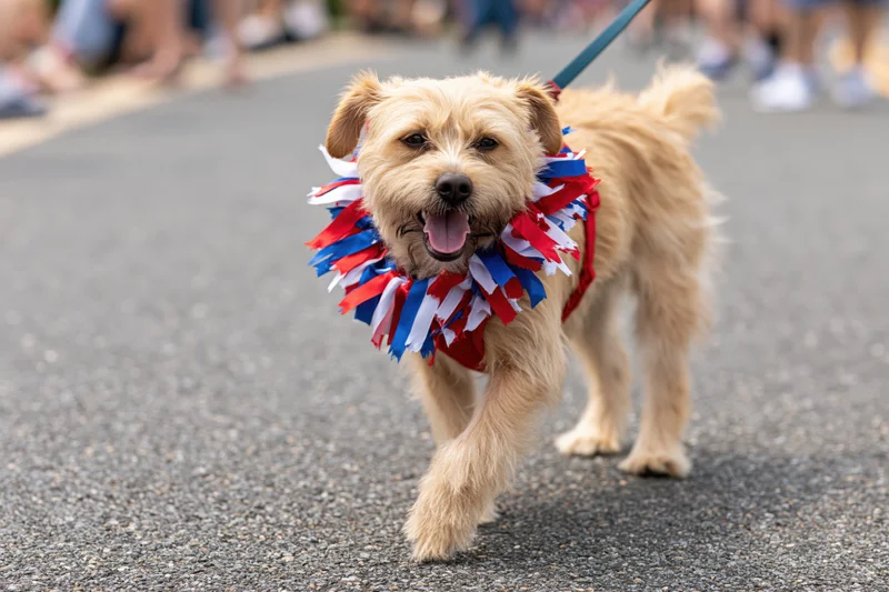 Small tan mixed-breed dog walking on leash with red white and blue ribbon collar on paved street during parade