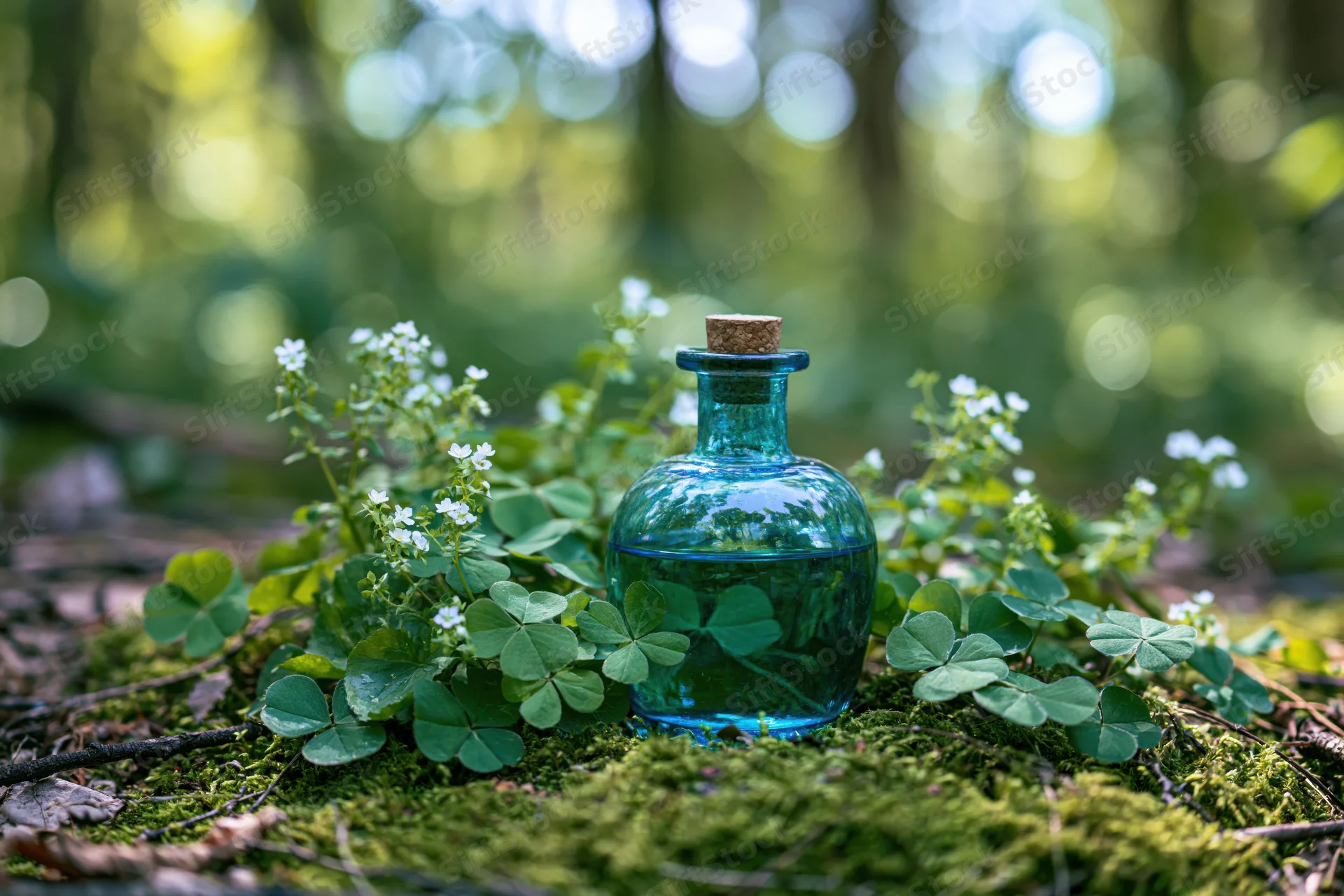 Blue glass potion bottle resting on mossy ground among clover and white flowers in a forest setting