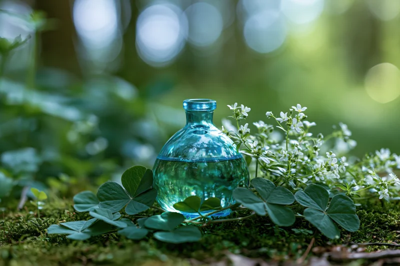 Translucent blue glass potion bottle resting on mossy ground among clover and white wildflowers in a forest setting