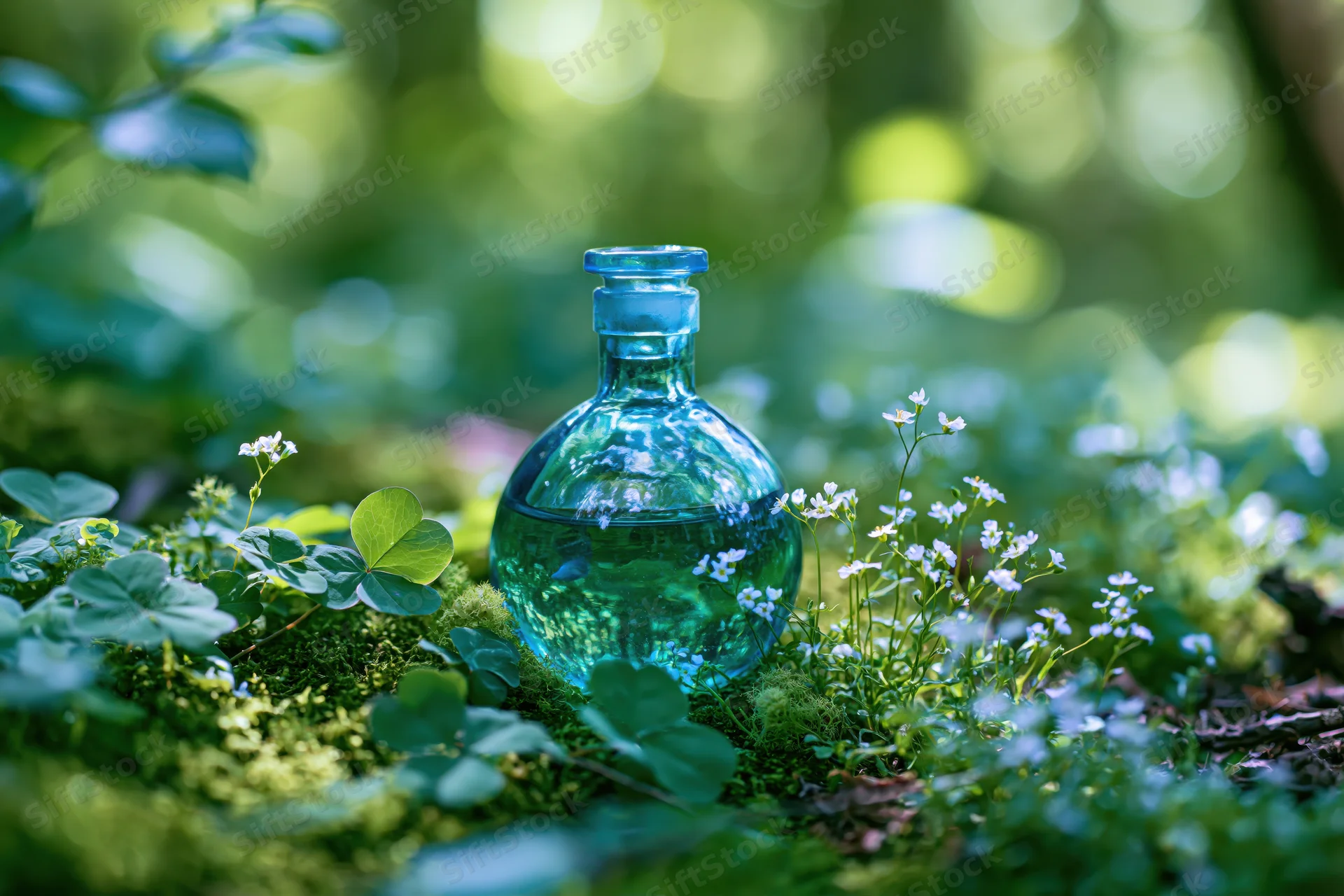 Translucent blue glass potion bottle resting on mossy ground among clover and small white flowers in a sunlit forest