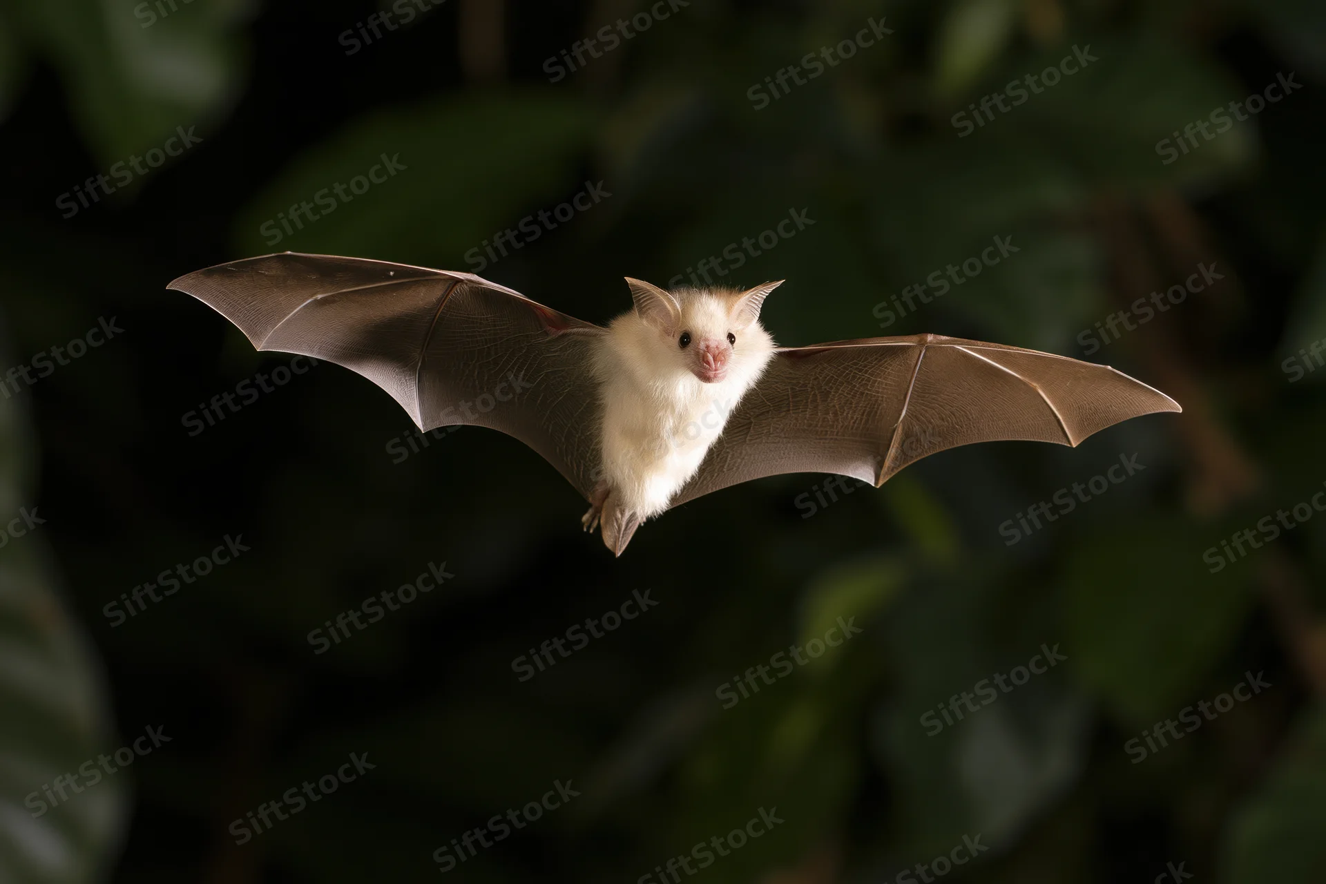 Small tropical bat flying midair with wings spread facing camera in dark foliage background