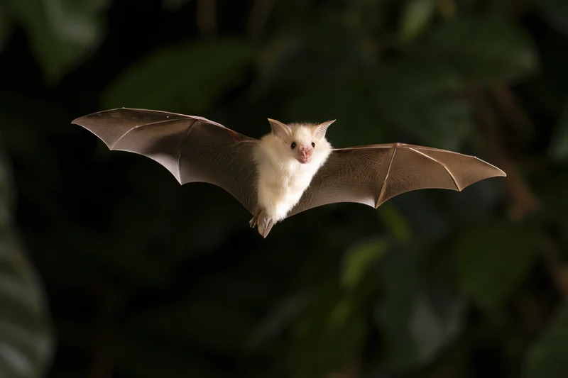 Small tropical bat flying midair with wings spread facing camera in dark foliage background