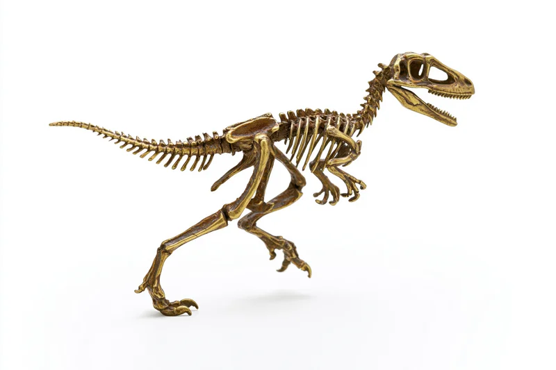 Velociraptor skeleton figurine in running pose isolated on white background