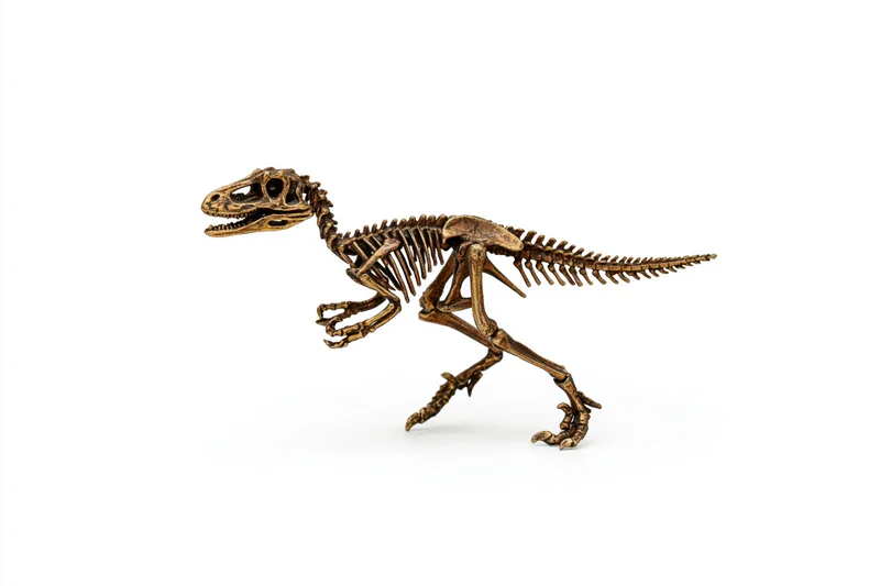Velociraptor skeleton replica in running pose on white background