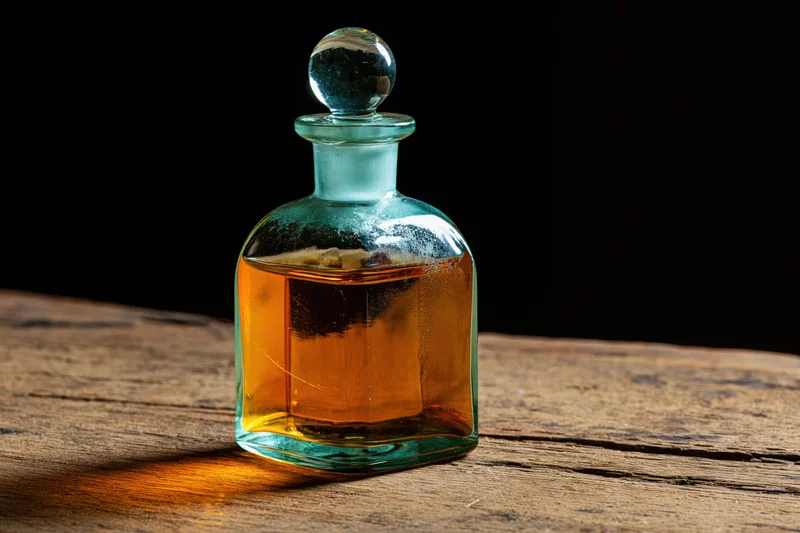 Vintage glass apothecary bottle with amber liquid on rustic wooden table against dark background