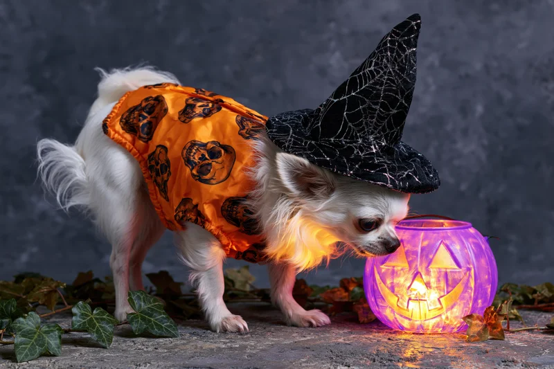 Small white chihuahua in witch costume sniffing glowing purple jack-o-lantern on dark textured ground with ivy leaves