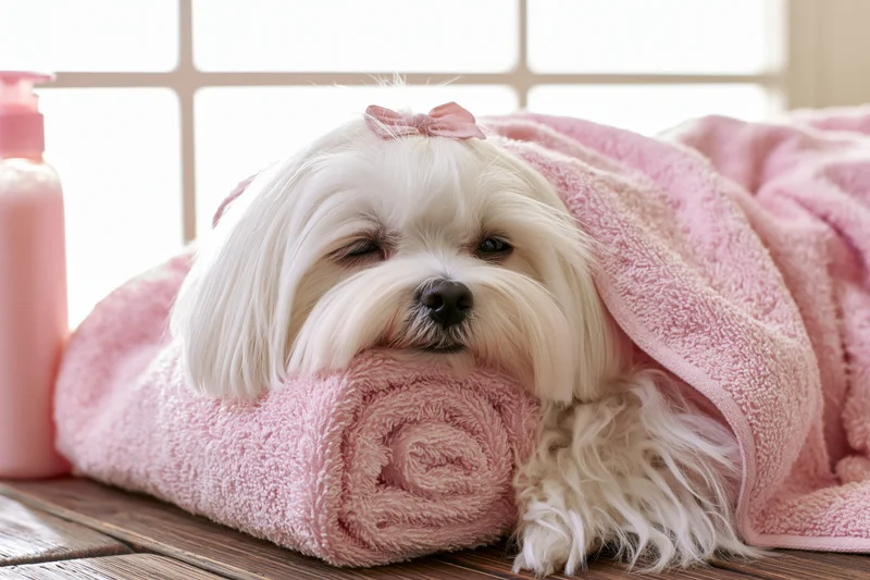Small white maltese dog resting its head on a rolled pink towel on wooden floor