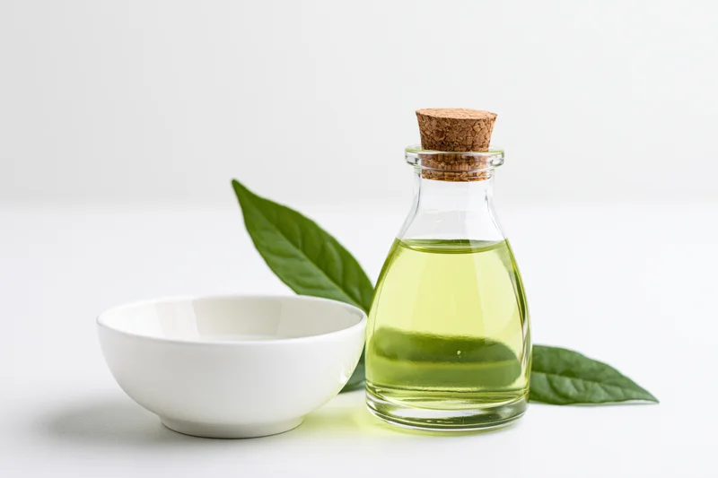 Glass bottle with green essential oil and white ceramic bowl on white surface with leaves