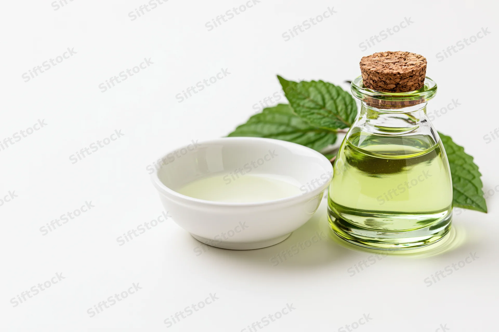 Glass bottle with cork stopper and white ceramic bowl containing light green liquid, accompanied by fresh peppermint leaves on white background
