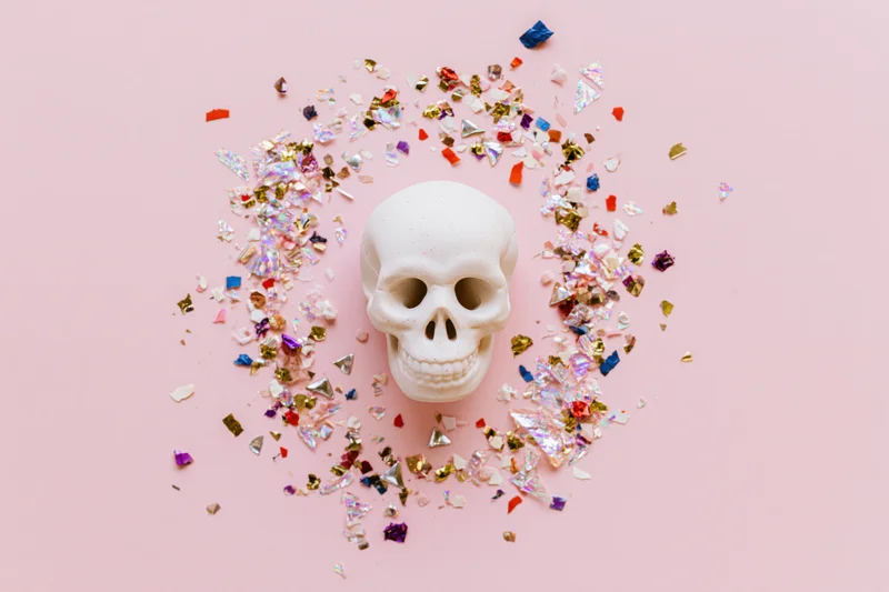 White ceramic sugar skull centered on pink surface surrounded by scattered iridescent confetti