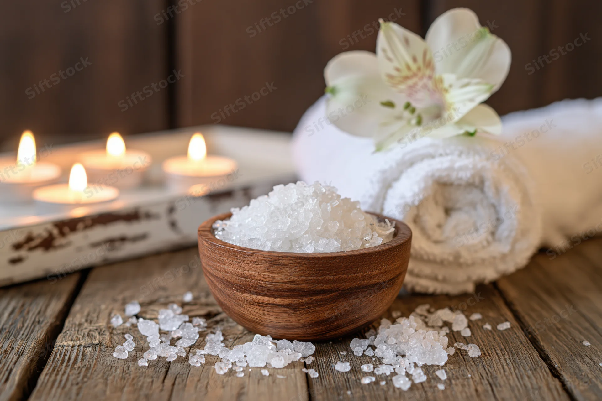 Wooden bowl filled with coarse white salt on rustic wood table beside lit candles and rolled towel with flower