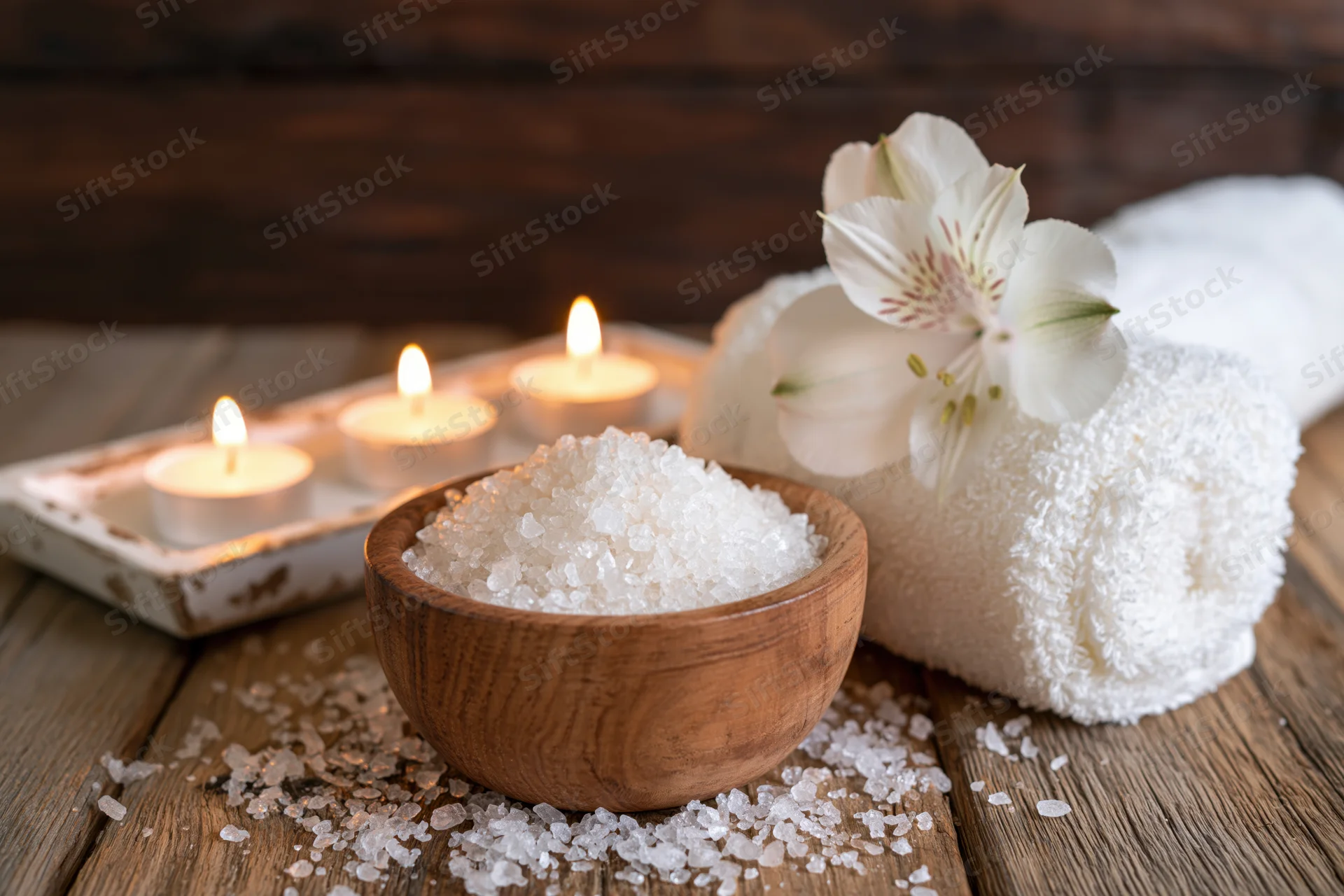 Wooden bowl filled with coarse white sea salt on rustic wood table beside lit candles, rolled towel, and white flower
