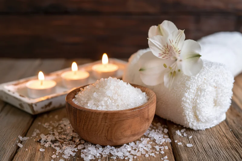 Wooden bowl filled with coarse white sea salt on rustic wood table beside lit candles, rolled towel, and white flower