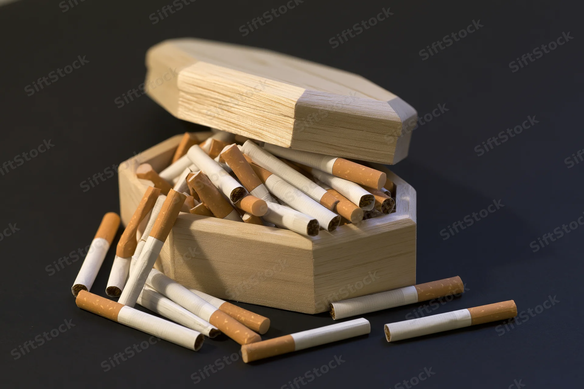 Cigarettes spilling from a small wooden coffin on a dark surface