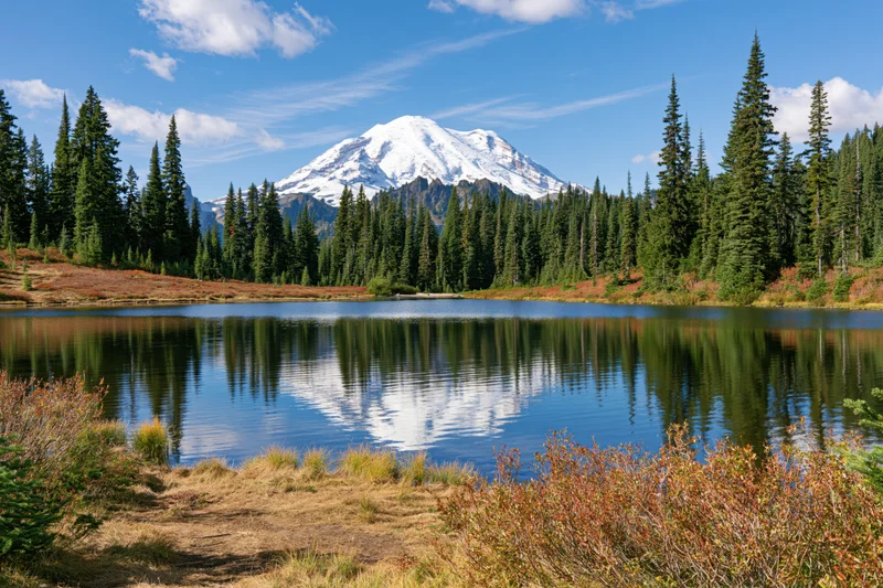 Snow-capped mountain reflected in calm lake surrounded by evergreen forest
