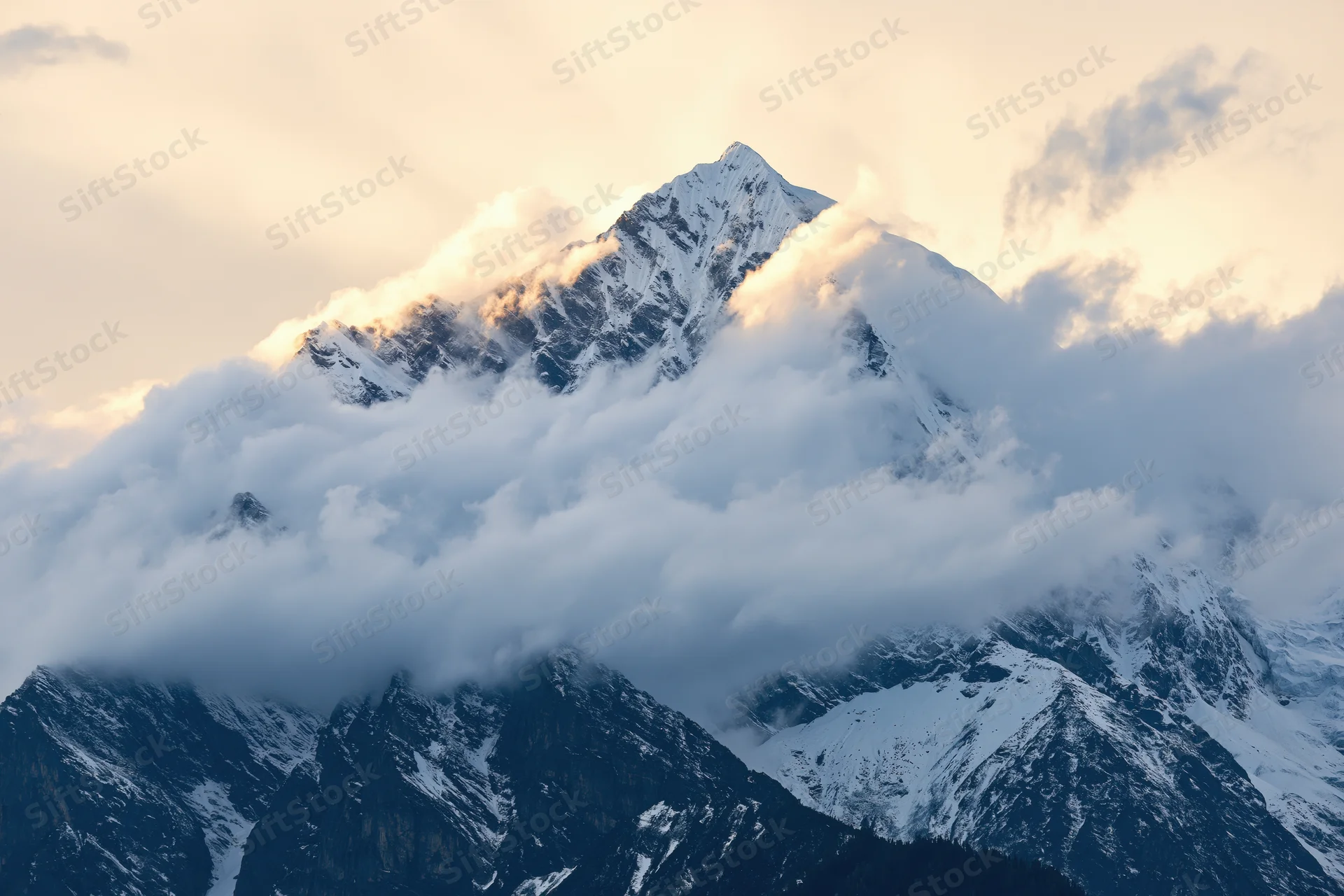 Snow-covered Himalayan peak rising above swirling clouds at sunrise