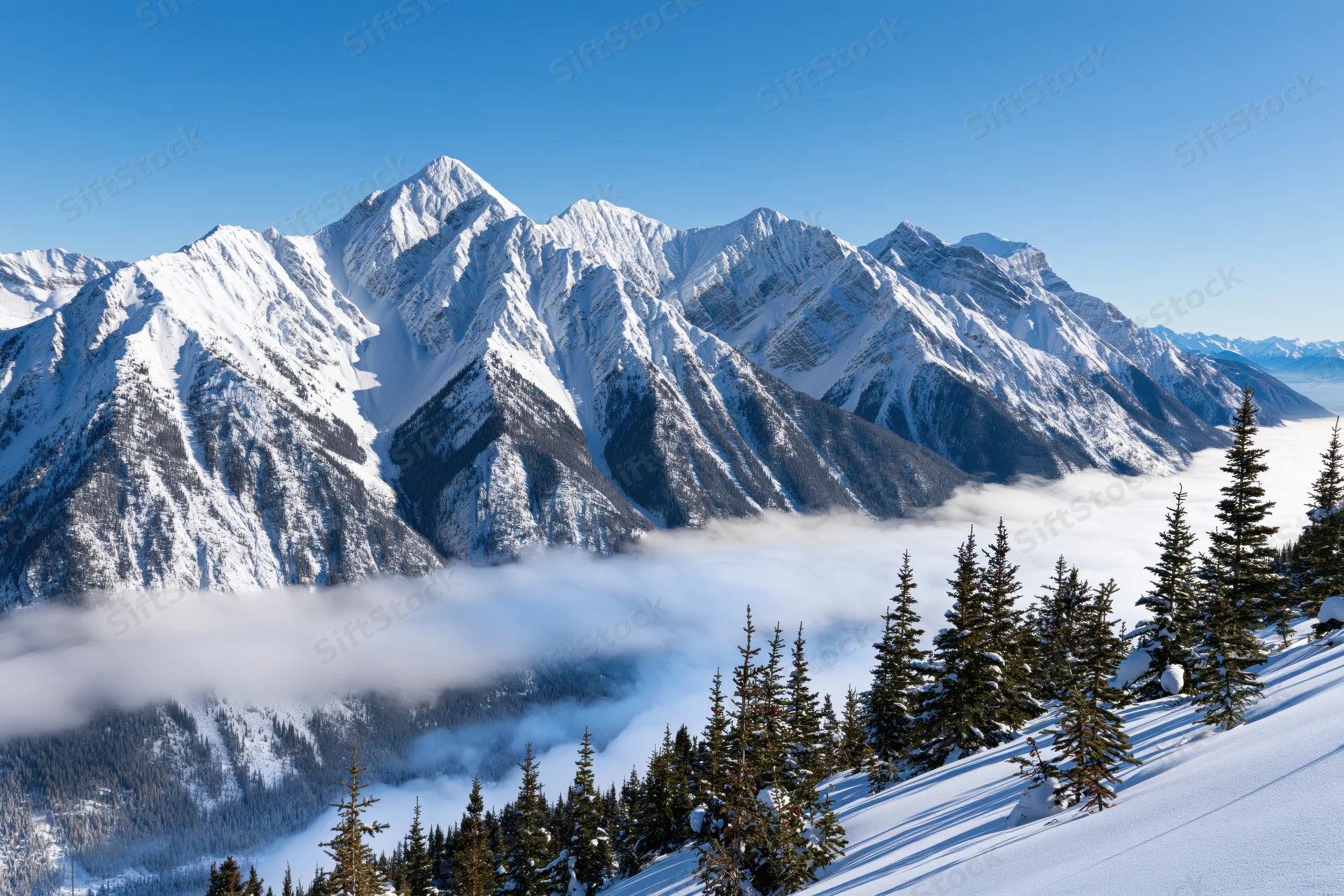 Snow-covered alpine mountain range rising above a low cloud layer with pine trees on a snowy slope under a clear blue sky