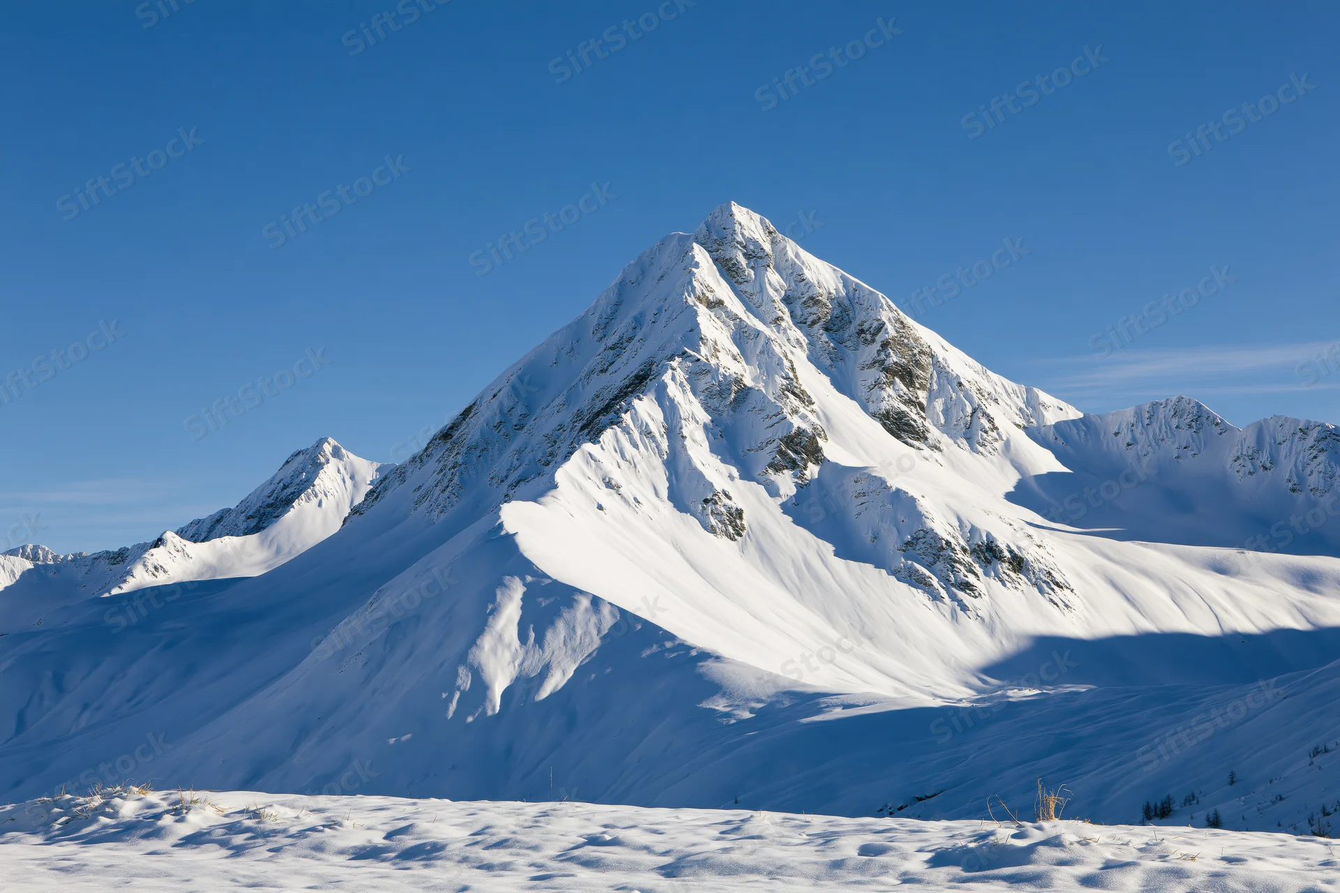 Snow-covered alpine peak rising sharply against a clear deep blue sky