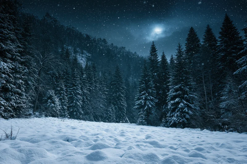 Snow-covered evergreen forest at night under moonlight with falling snow