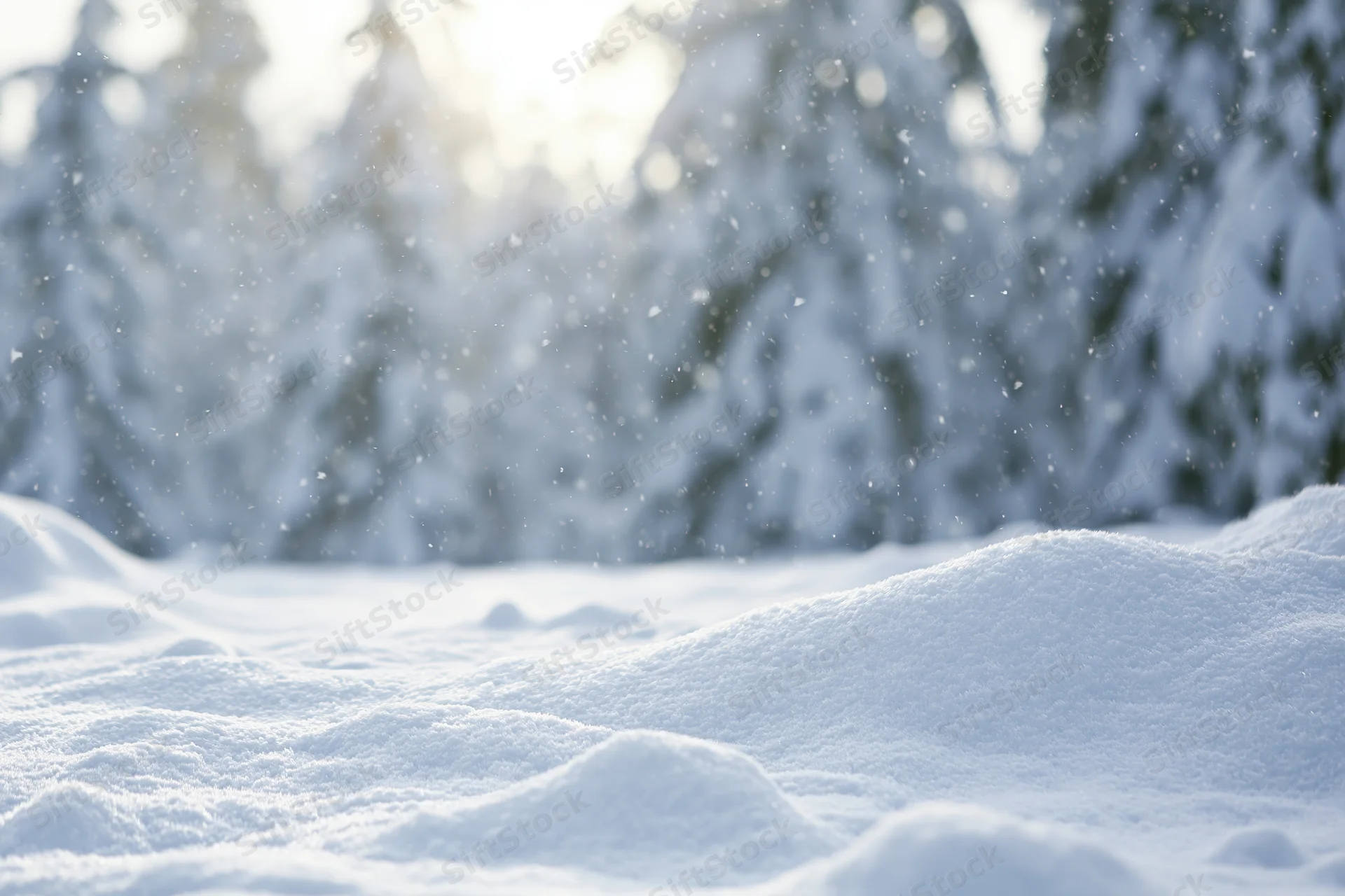 Snow-covered ground with soft mounds and falling snowflakes in a forest at sunrise
