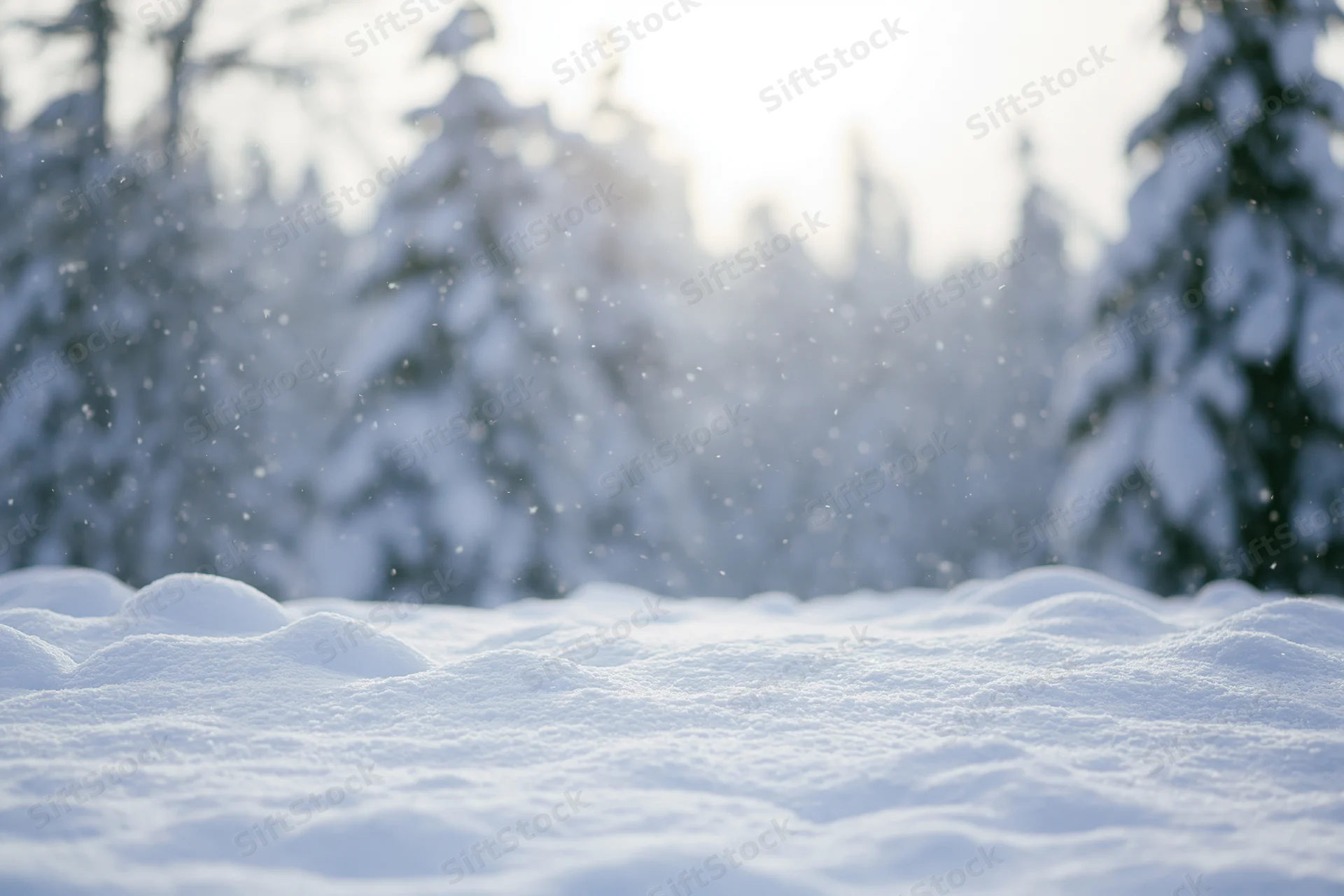 Snow-covered ground with soft mounds in a forest during winter morning