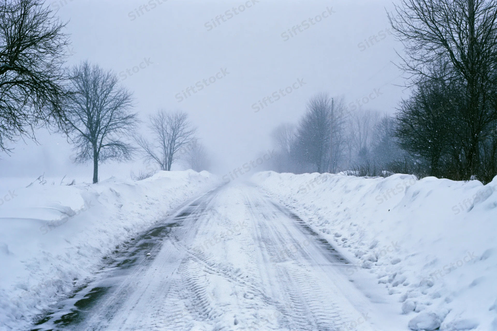 Snow-covered rural road stretching into the distance with tire tracks and snowdrifts on either side under overcast sky