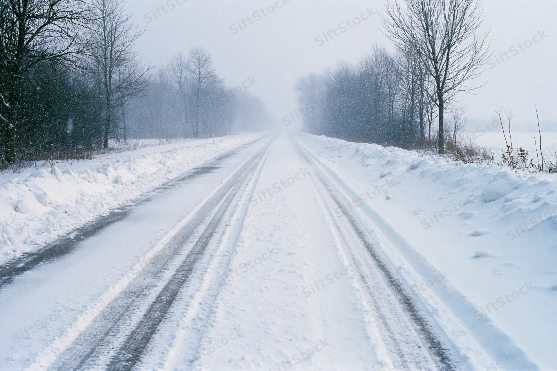 Snow-covered rural road stretching into the distance during a snowstorm